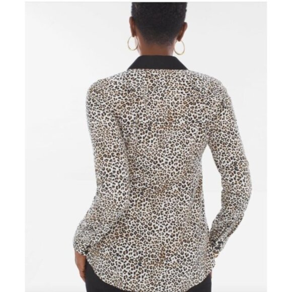 Chicos 2 Leopard Print Button-Up no iron Shirt Womens Size large Black Collar Co - Picture 7 of 11